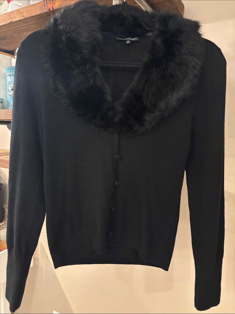 Samuel Dong Black Knit Cardigan Jacket with Faux Fur Collar | Size S
